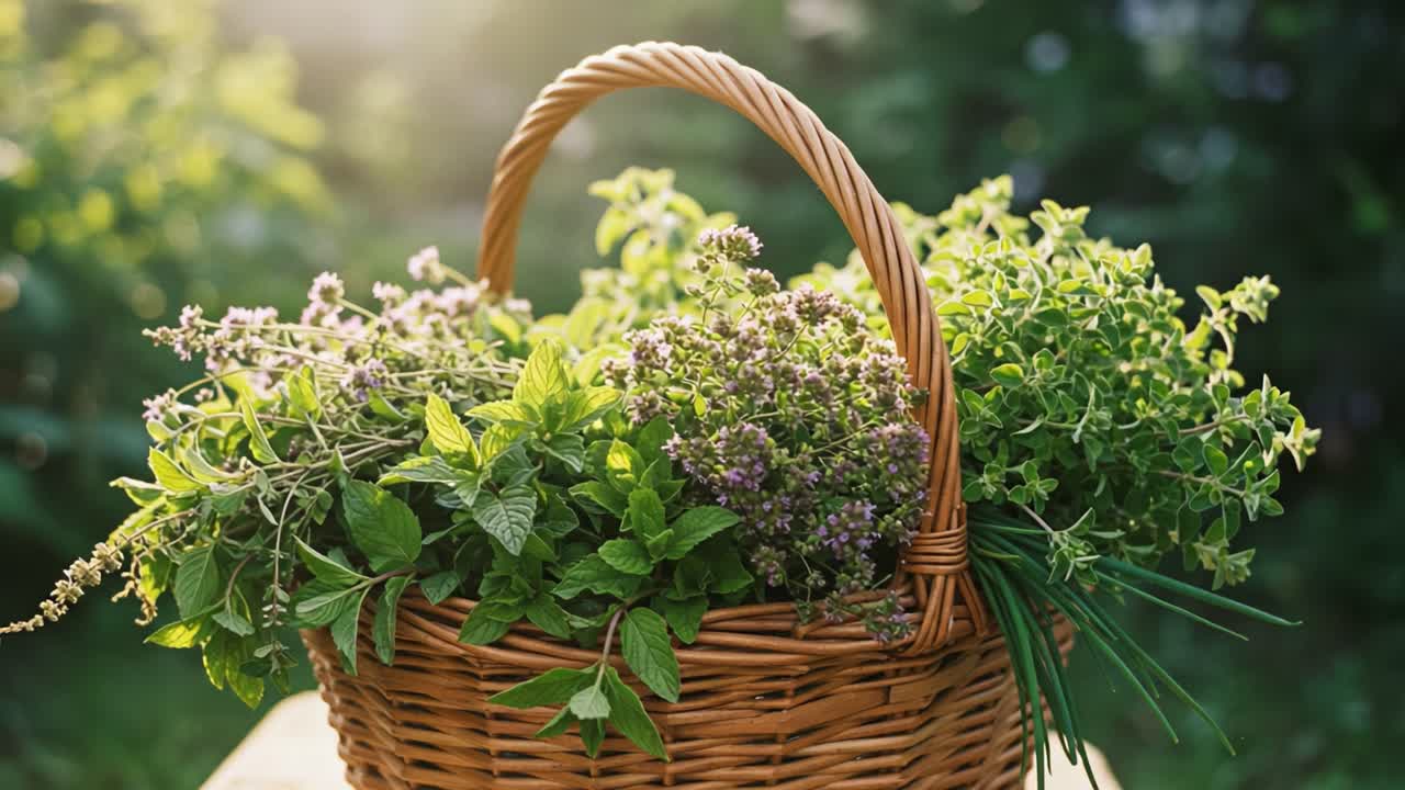 A Vibrant Basket Full of Freshly Gathered Herbs, Showcasing a Rich Mixture of Greenery, Textures, and Aromatic Varieties Perfect for Culinary Delights and Natural Remedies