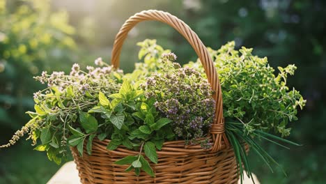 a vibrant basket full of freshly gathered herbs, showcasing a rich mixture of greenery, textures, and aromatic varieties perfect for culinary delights and natural remedies