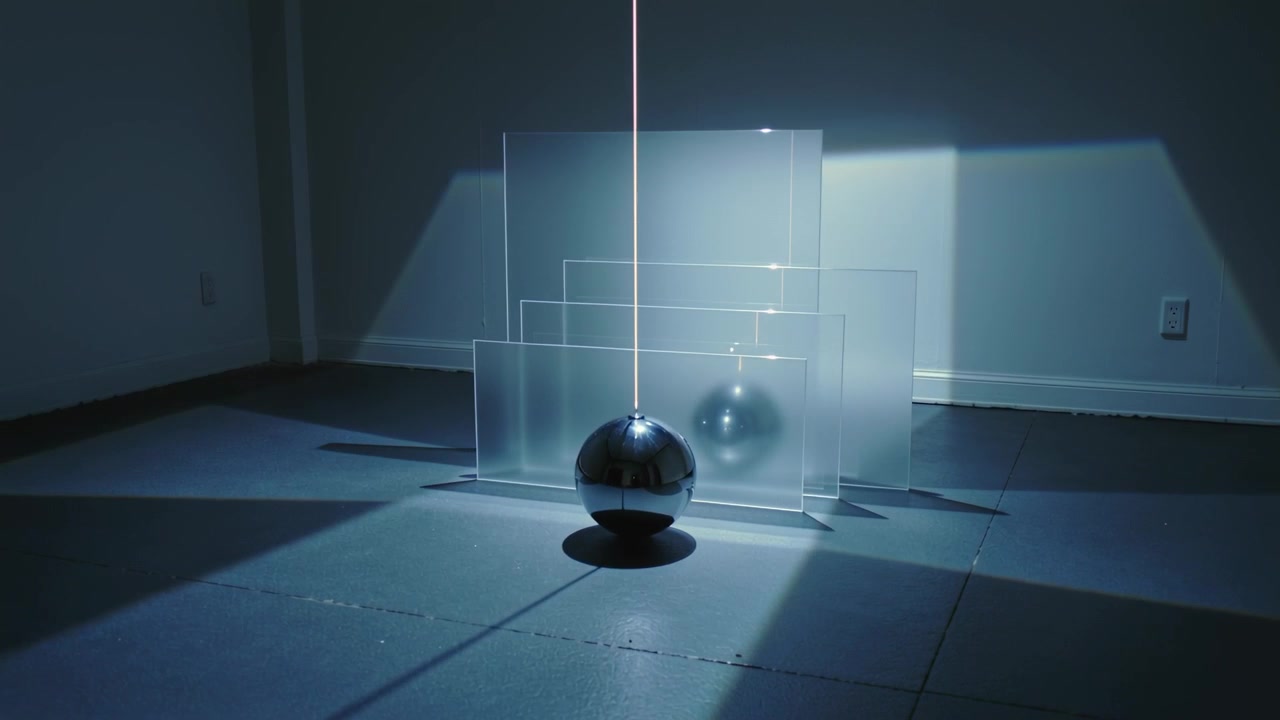 Sottile raggio luminoso che spazza una sfera di metallo appesa, riflettendo pannelli stratificati che proiettano un'ombra nella galleria