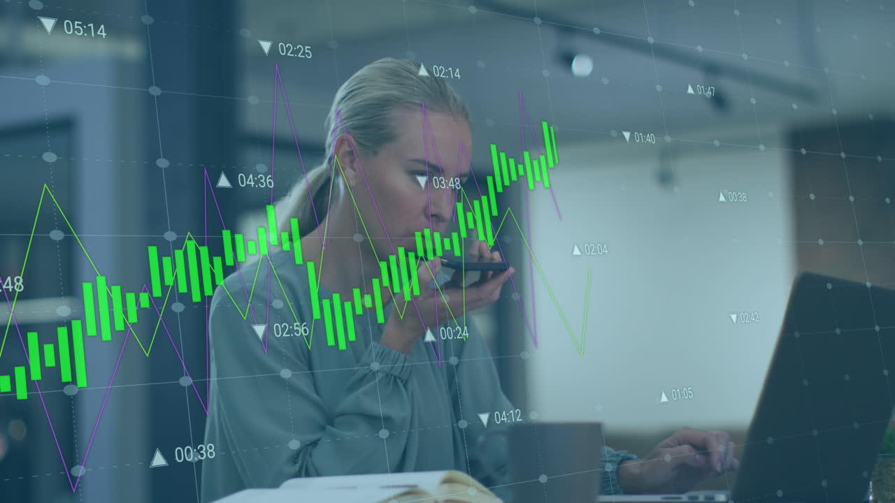 анимация графиков, чисел, белая женщина работает на ноутбуке и разговаривает на динамике мобильного телефона