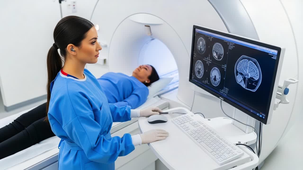 Un professionista medico monitora scansioni MRI di un paziente sdraiato in un macchinario, mostrando una tecnologia di imaging avanzata in ambito sanitario.