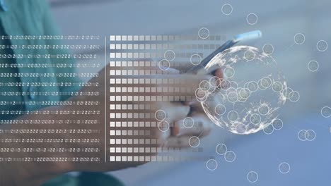 animation of binary coding data processing and globe over biracial man using smartphone