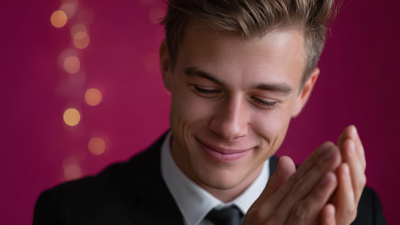 Un joven vestido de etiqueta disfrutando de un momento de reflexión con una leve sonrisa sobre un fondo alegre de luces parpadeantes y un vibrante tono rosa