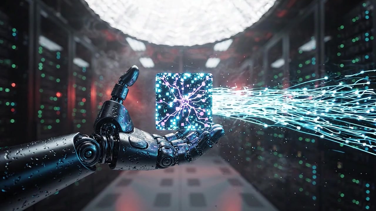 A Robotic Hand Holding a Glowing Cube of Energy in a Futuristic Data Center, Showcasing Advanced Technology and the Intersection of Man and Machine.