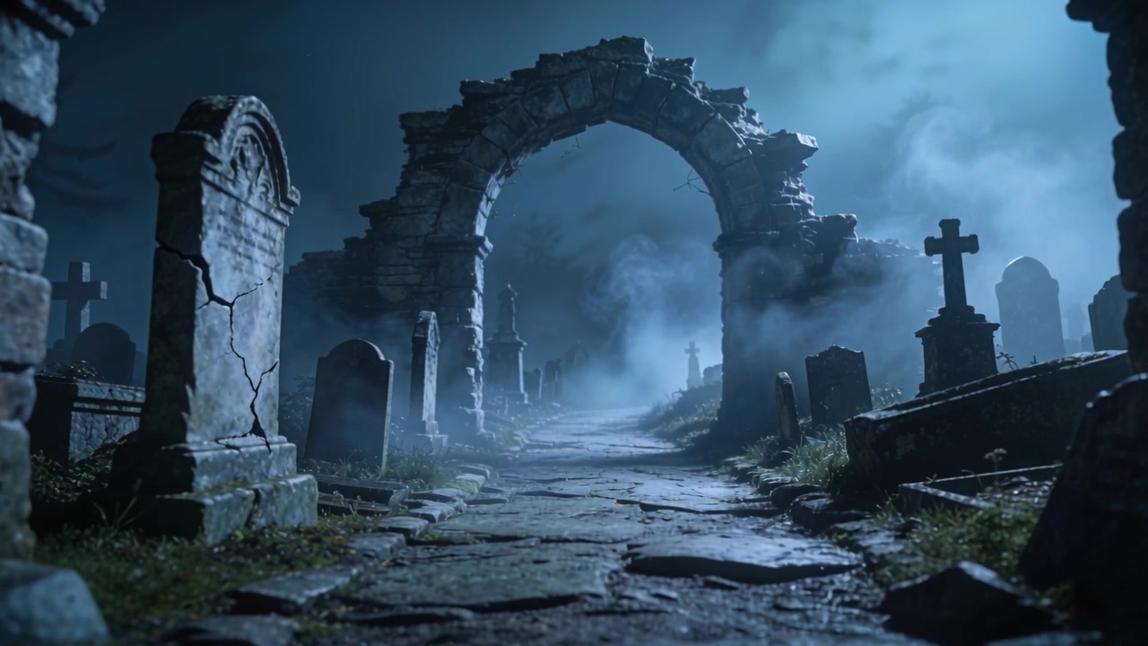 Câmera deslizando para frente, arco em ruínas com caminho rachado mostrando detalhes de pedra à noite, neblina acumulando-se
