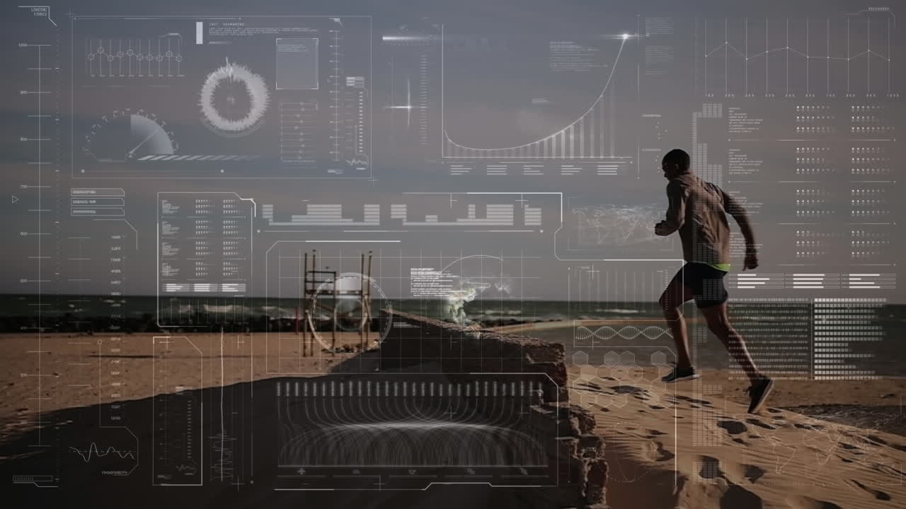 Animation of digital screen and data processing over fit man running by seaside