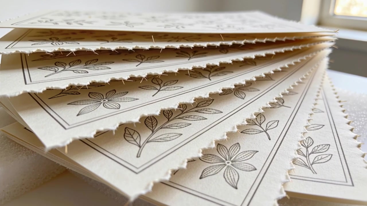 Shifting camera revealing fanned cream-colored cards on white tabletop, highlighting deckle edges