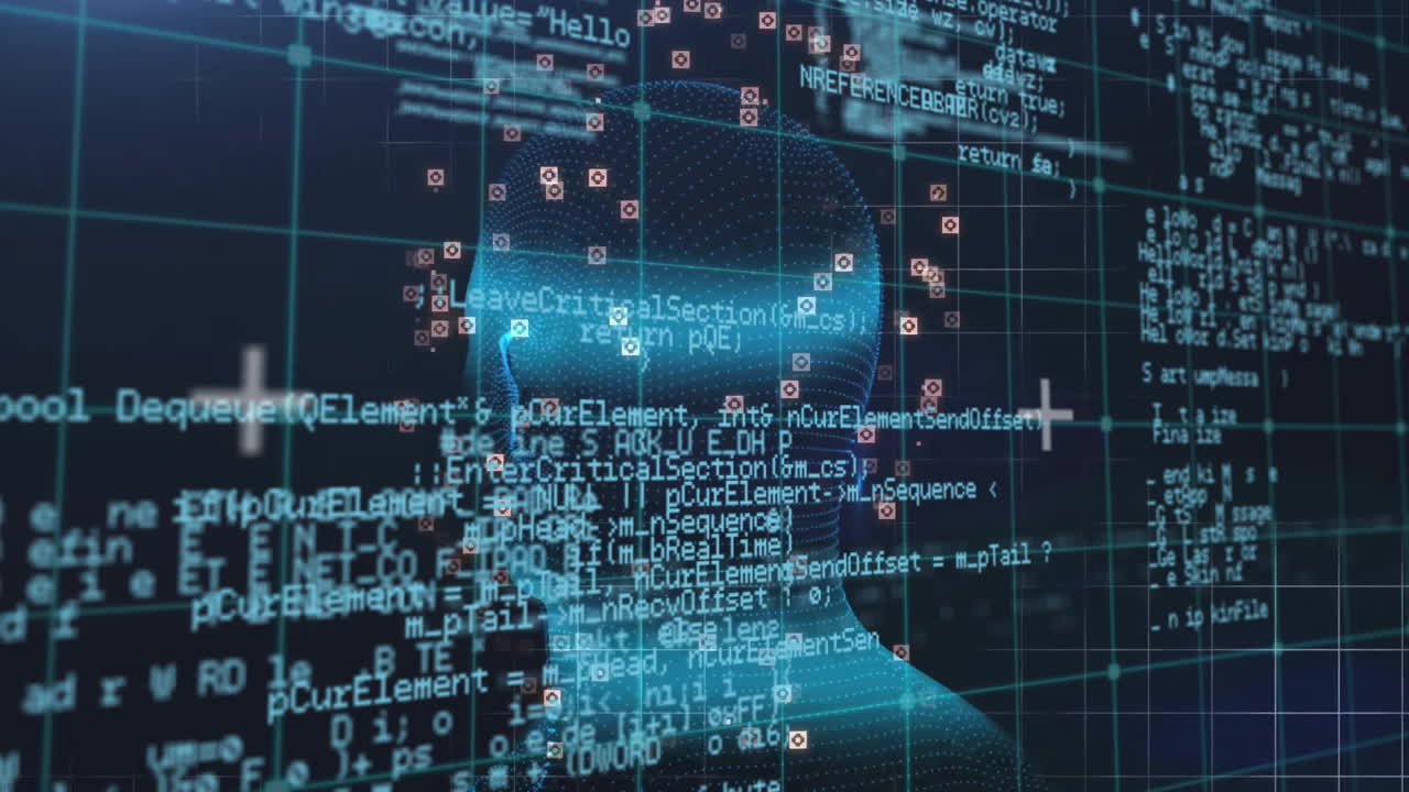 Animation of data processing over human head on dark background