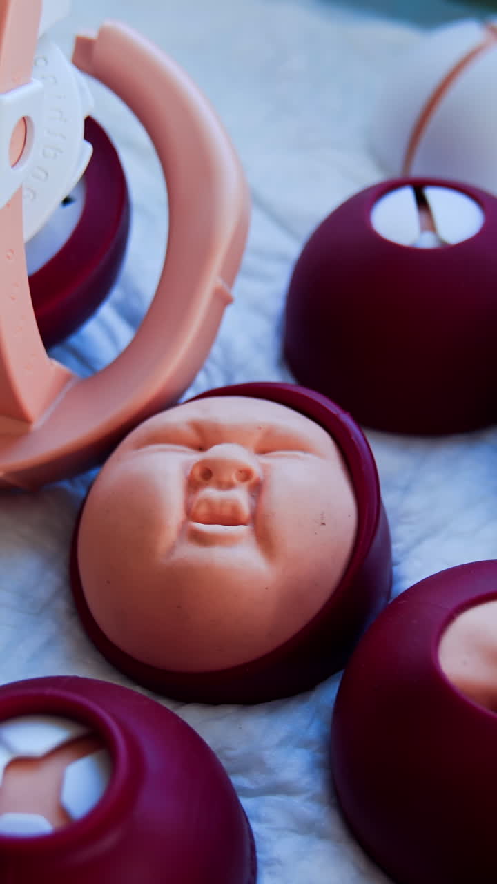 Medic training baby birth. Training model for students studying medicine. Medicine and trainings concept. Vertical video