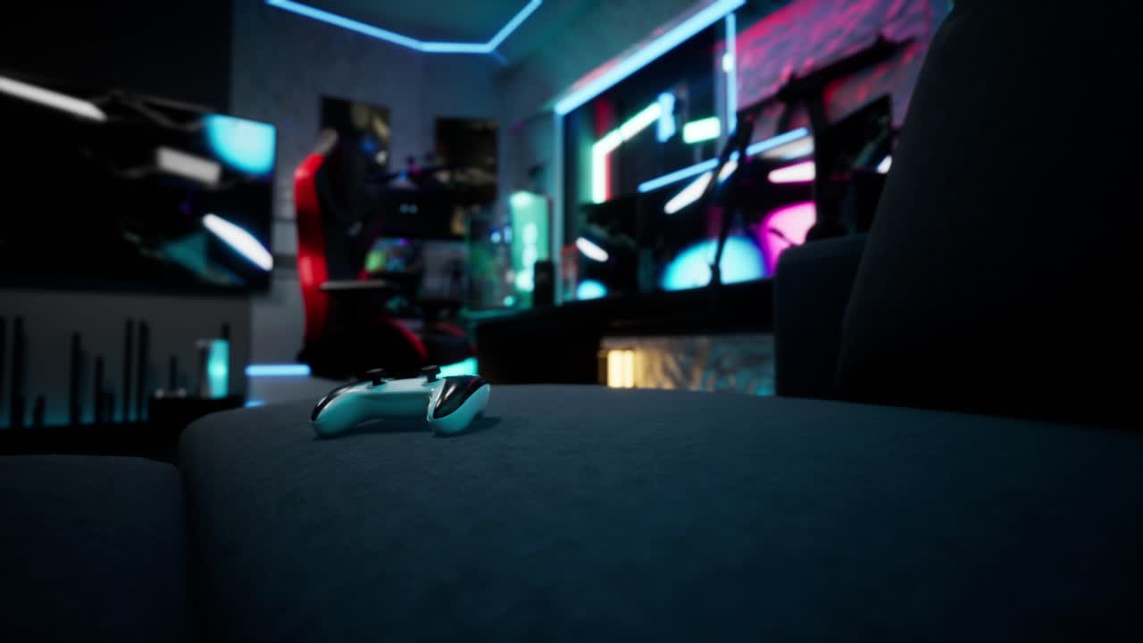 Controller di gioco wireless su divano in moderna sala giochi.