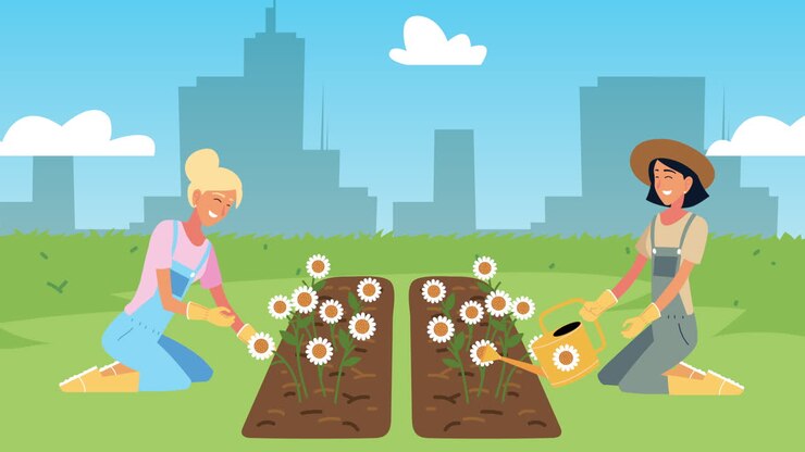 Two Women Gardening in an Urban Setting