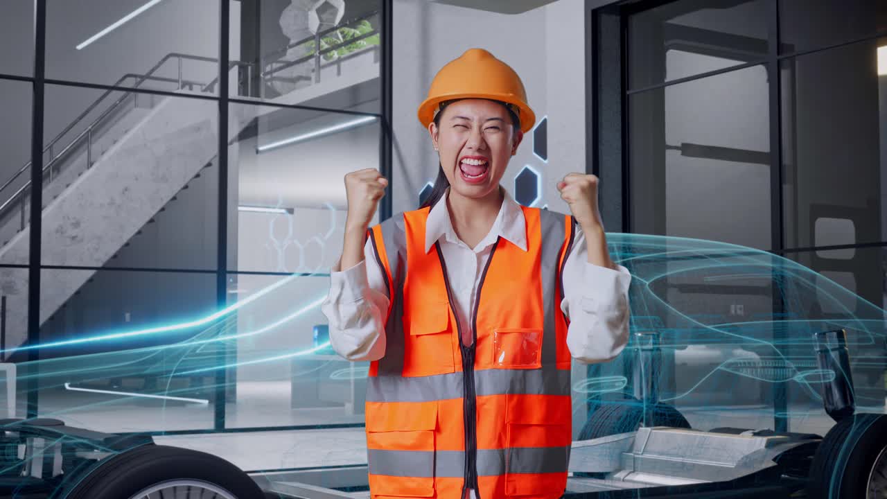 여성 엔지니어가 새로운 자동차 디자인을 축하하고 있습니다.