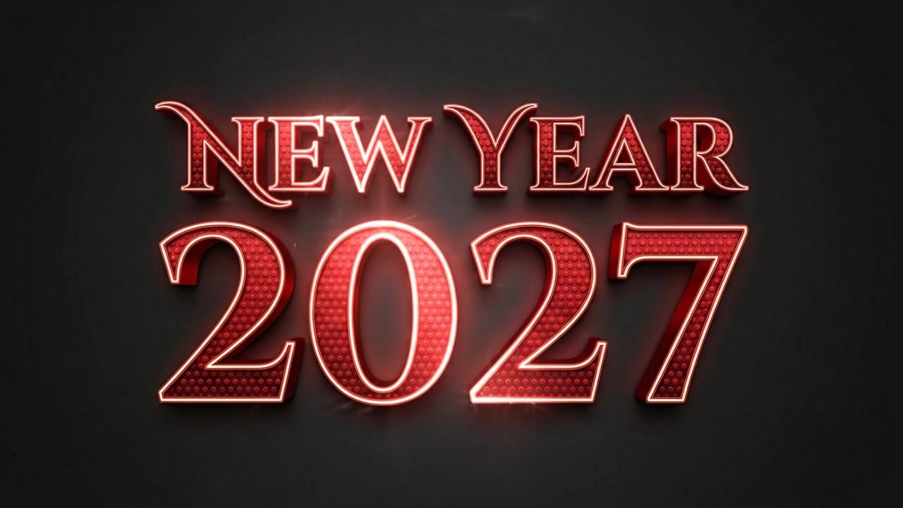Animazione di testo rosso luminoso 'Anno Nuovo 2027' su sfondo scuro