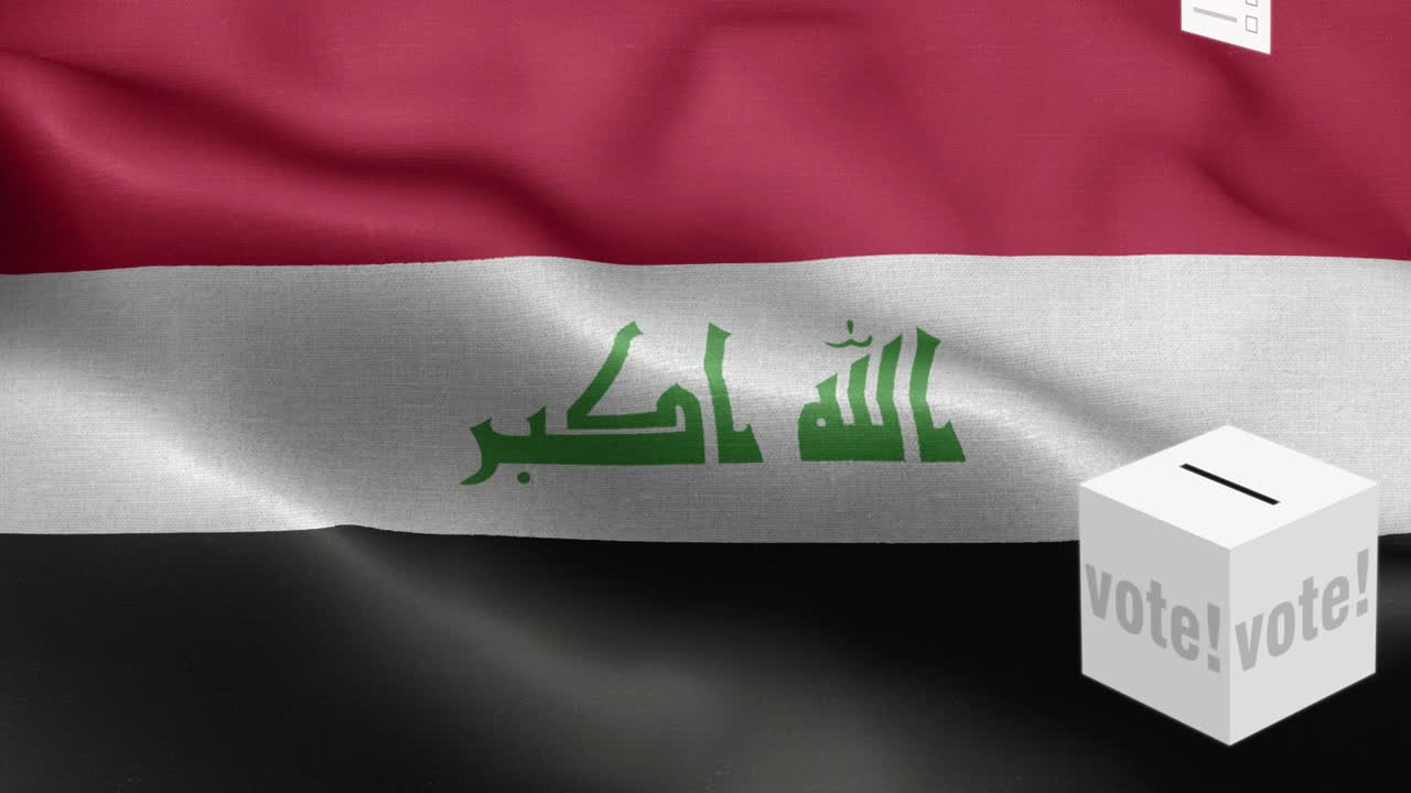 Ballots fly to box for Iraq selection - Ballot box in front of flag - Election - Vote - Flag Of Iraq - Iraq Flag High Detail - National flag Iraq wave Pattern loopable Elements - Fabric texture and endless loop