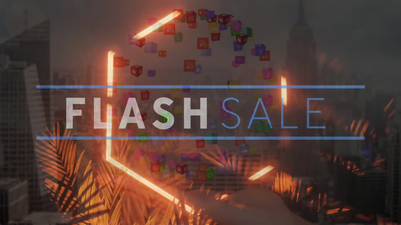 Glowing hexagon with digital icons and Flash Sale text over cityscape