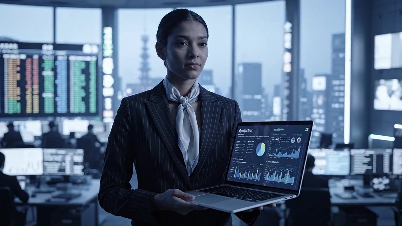 A businesswoman in a modern office environment showcases data analytics on her laptop, surrounded by colleagues analyzing market trends and performance metrics.