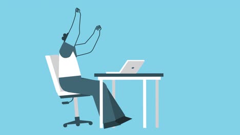 hombre de dibujos animados estirando los brazos y bostezando mientras está sentado en la computadora portátil. diseño plano animación de bucle de personajes 2d con canal alfa