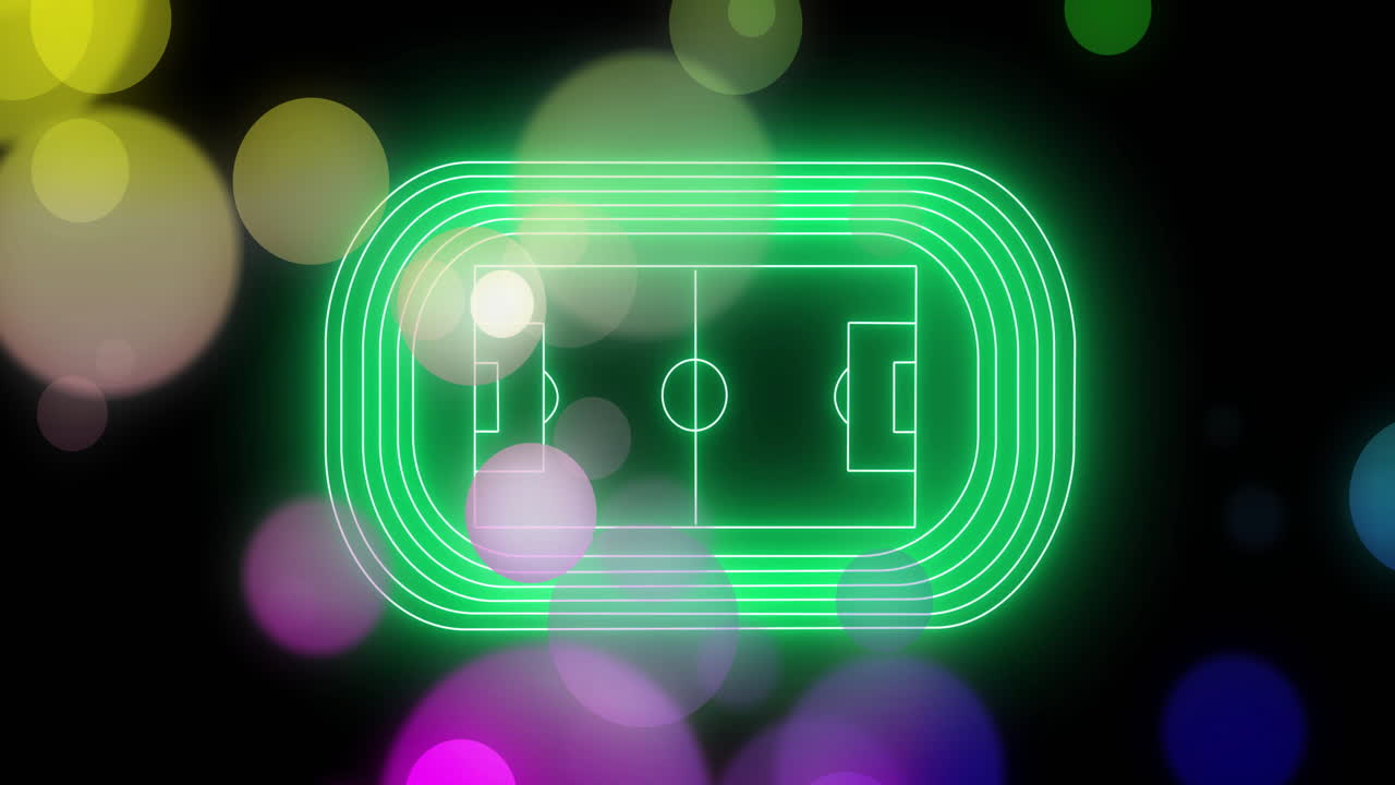 Animation of neon football field with glowing spots of light on black background
