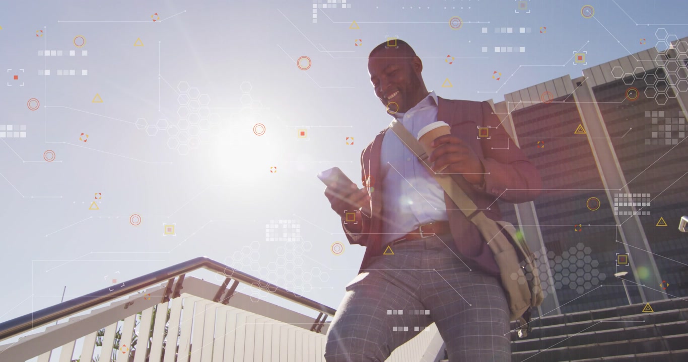 Businessman descending exterior stairs, checking phone for commute info, activating HUD overlays