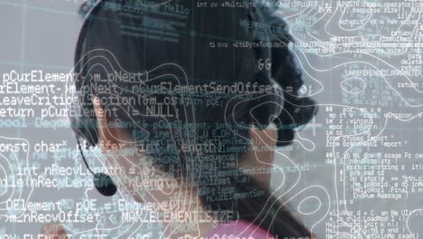 animación de procesamiento de datos y líneas blancas sobre mujer de negocios biracial usando auriculares de teléfono