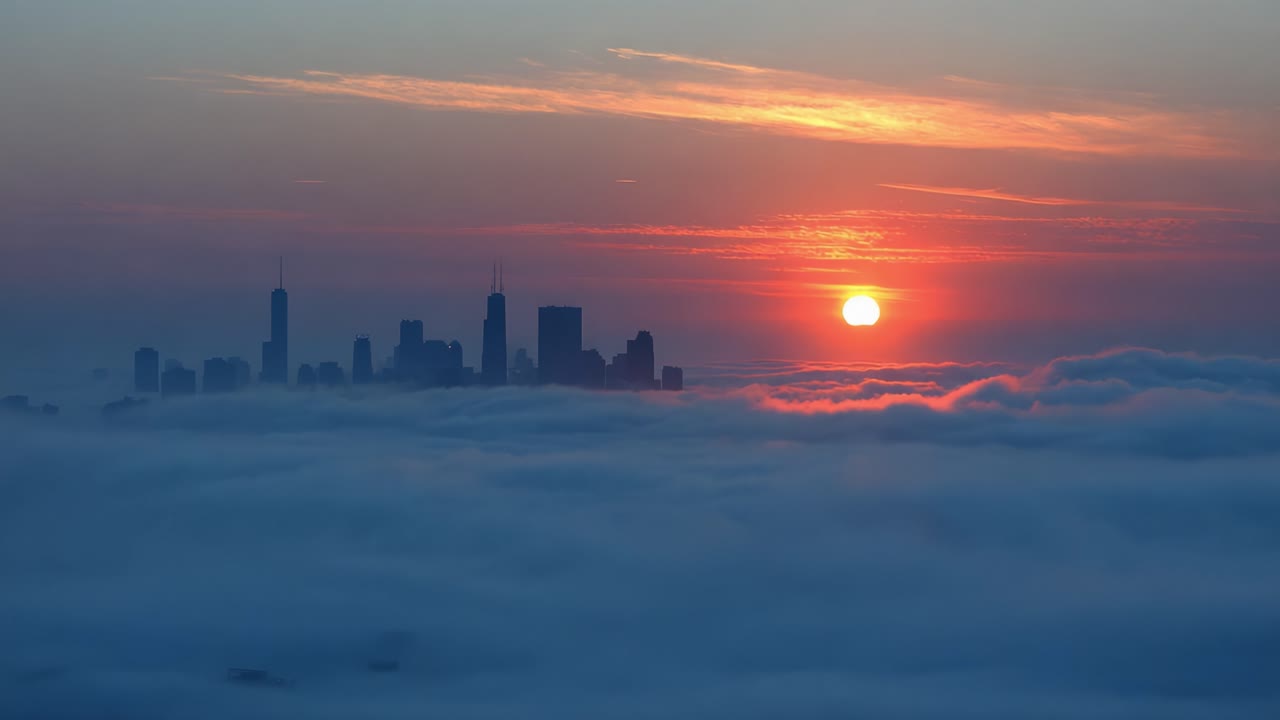 A Stunning Sunrise Over a City Skyline Amidst a Blanket of Clouds, Capturing the Gleaming Sun's Reflection as It Peeks Above the Horizon in a Serene Atmosphere