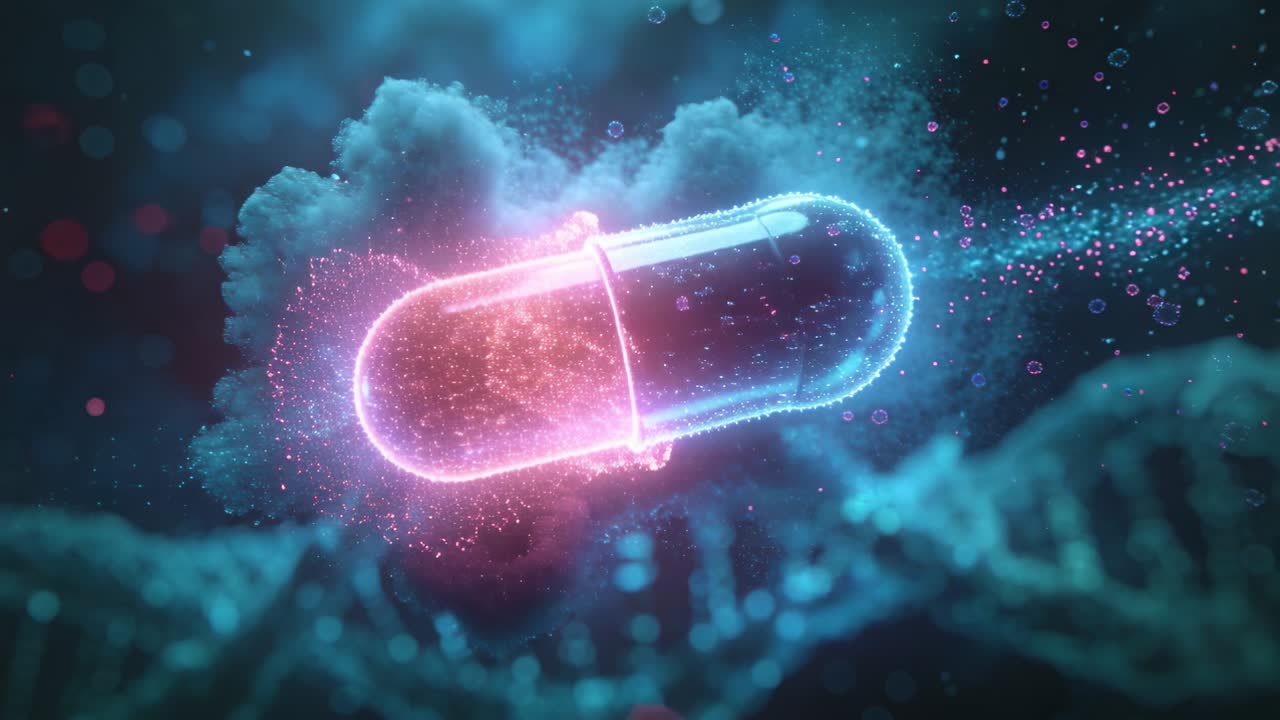 Video verticale: Attivazione di una capsula al neon che emette una scia, che ruota per distendersi in un nanocampo con DNA
