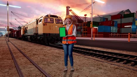 full body of asian female engineer with safety helmet smiling and showing green screen tablet to the camera with freight cargo train at port