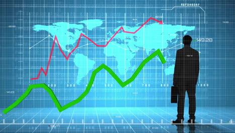 animación del mapa del mundo y procesamiento de datos financieros sobre empresario