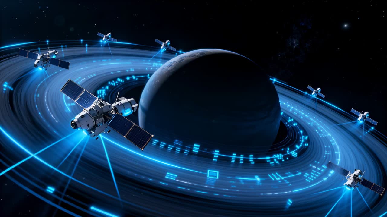 Viewpoint shifting, primary satellite scanning ringed planet with panels and beams to monitor HUD