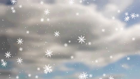 Animation-of-snow-falling-over-clouds-and-blue-sky