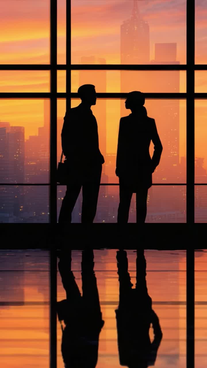 Una conversación tranquila al atardecer entre dos figuras en silueta con el impresionante skyline de la ciudad de fondo, que reflejan determinación y esperanza en sus gestos