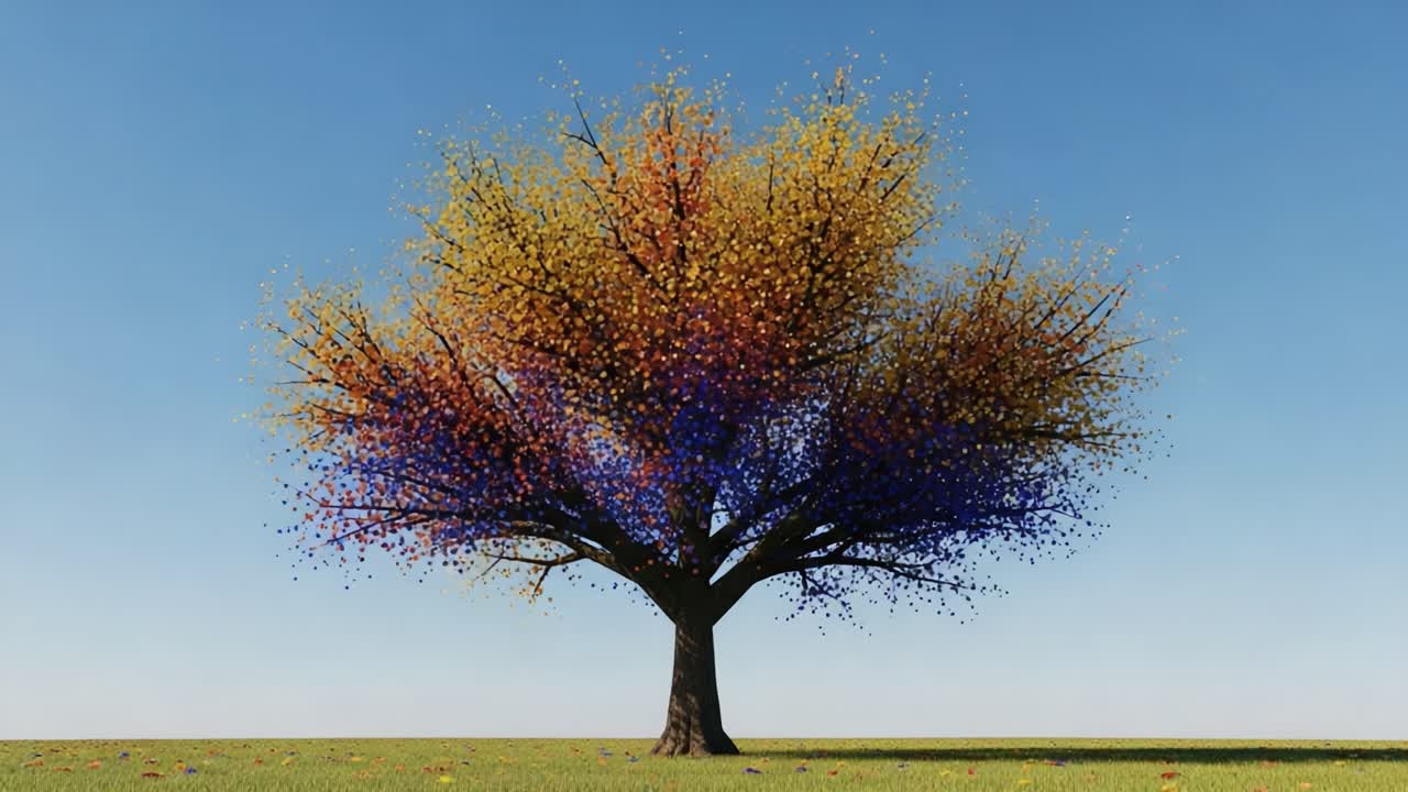 A Vibrant Tree Showcasing the Splendor of Autumn with Its Colorful Foliage Against a Clear Blue Sky in a Serene Landscape