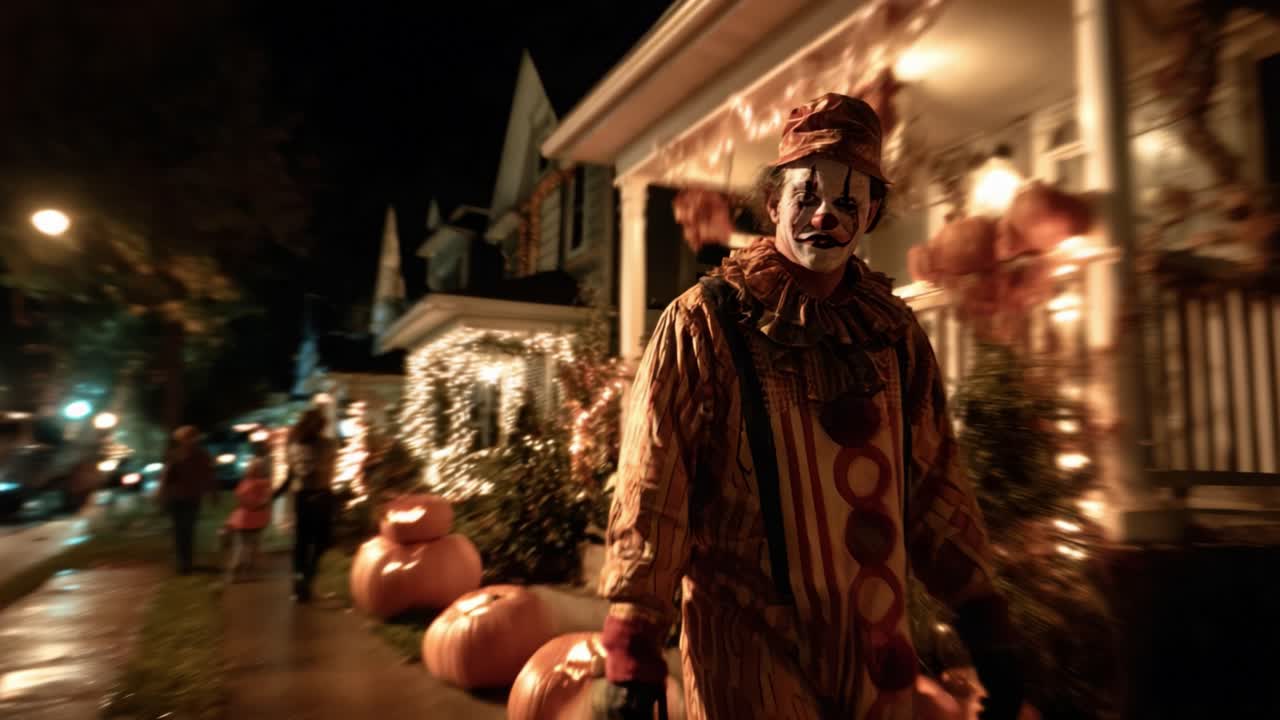 A Mysterious Clown Strolling Through a Festively Adorned Neighborhood on a Night Filled with Halloween Spirit and Eerie Atmosphere