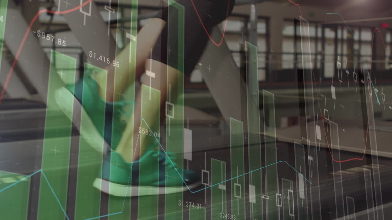 트레드밀에서 달리는 여성 운동선수와 함께 데이터 처리 애니메이션