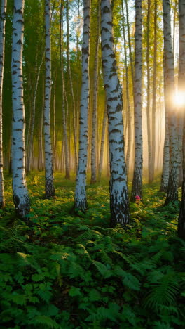 sunlit birch forest with misty rays and green ferns