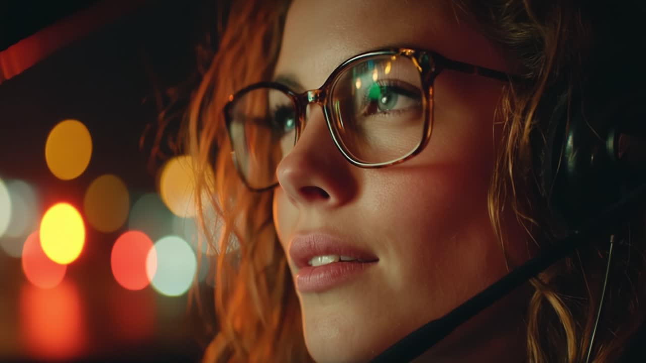Uma Jornada Focada: Um Close-up de uma Jovem Mulher Usando Óculos e Headset, Capturando a Essência da Determinação e do Discernimento Contra uma Paisagem Noturna Urbana Borrada