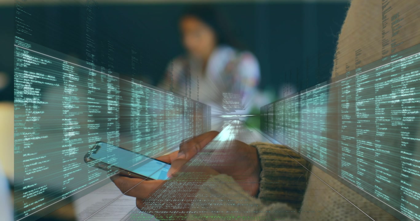Animation of data processing over businessman using smartphone
