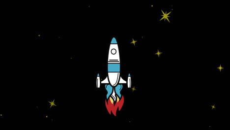 animation of space rocket flying in space over stars on black background