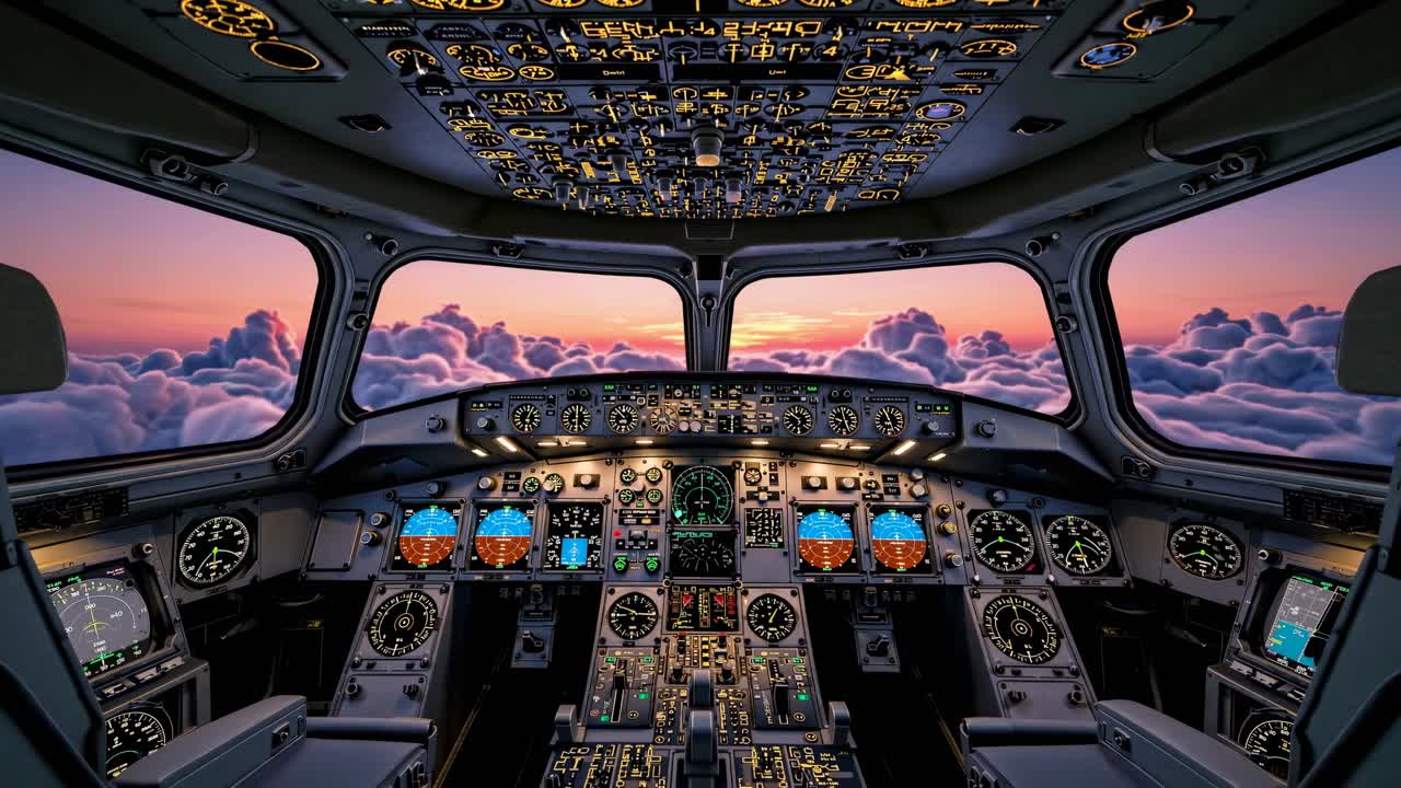 Visuale della cabina di pilotaggio da un angolo basso, che mostra i comandi illuminati sullo sfondo di un cielo al tramonto