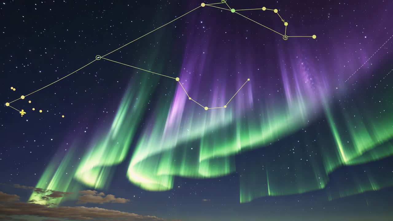 Vibrante aurora boreale e stelle con sovrapposizione di costellazioni nel cielo notturno