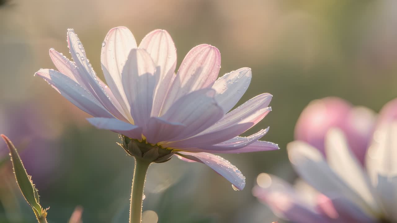 Fiore ondeggiante color rosa pallido simile a una margherita, accarezzato dalla leggera brezza del giardino, che cattura la calda luce del sole e la rugiada