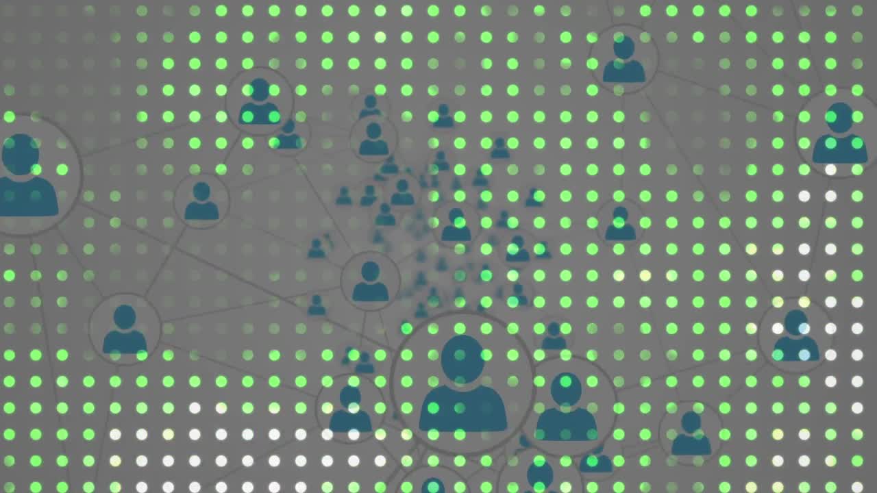 animación de filas de puntos y iconos de personas con red de conexiones