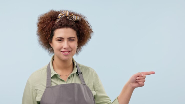 Woman, pointing and advertising presentation