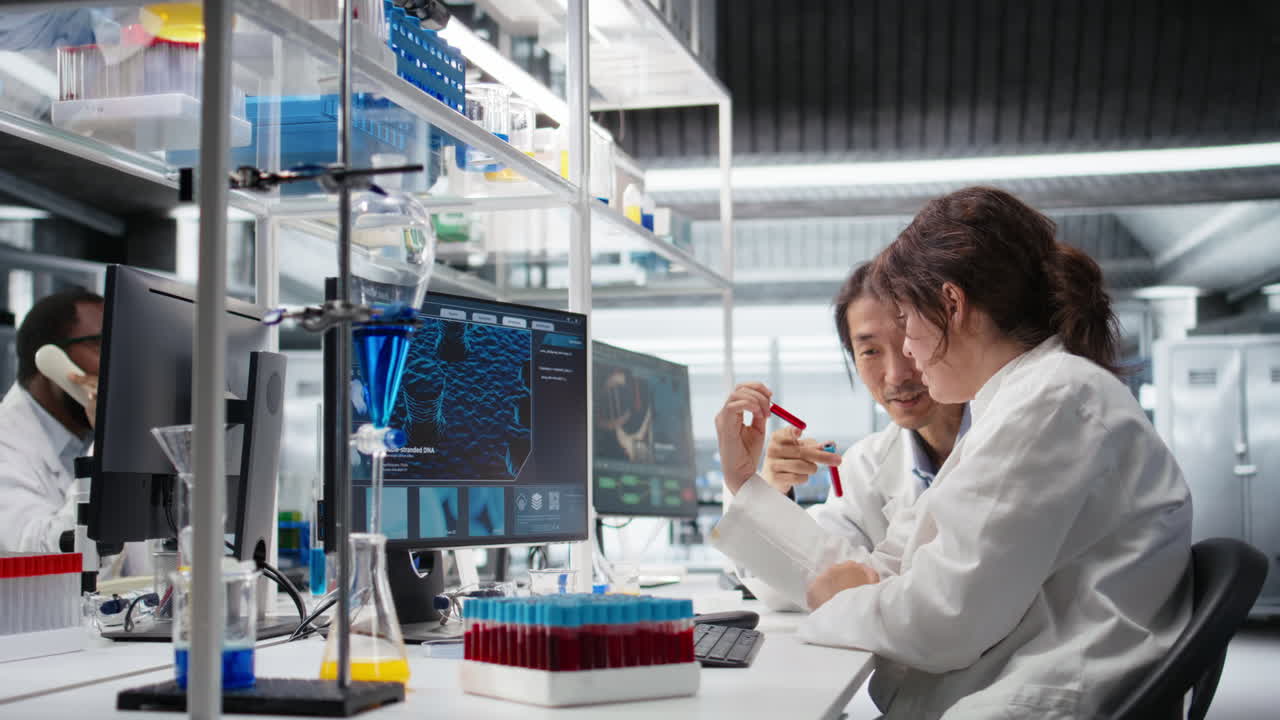 Vertical video Multiethnic team of clinical laboratory technologists reviewing blood data