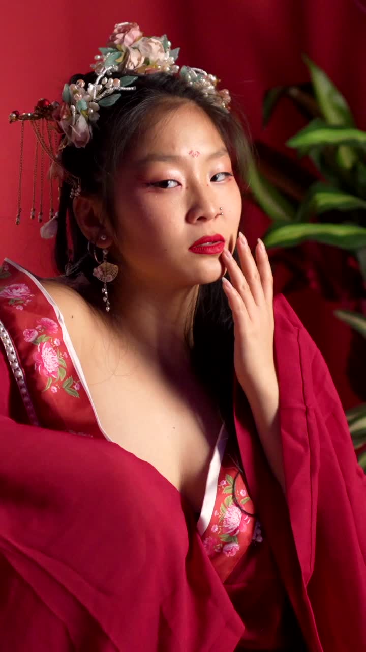 Woman in traditional red floral dress