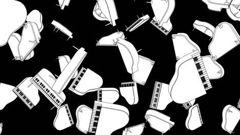 muchos pianos blancos sobre fondo negro.