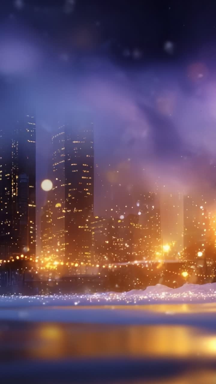 A picturesque winter cityscape illuminated by soft golden lights and delicate falling snowflakes, capturing the enchanting atmosphere of a snowy evening in an urban setting, evoking warmth amidst the chill