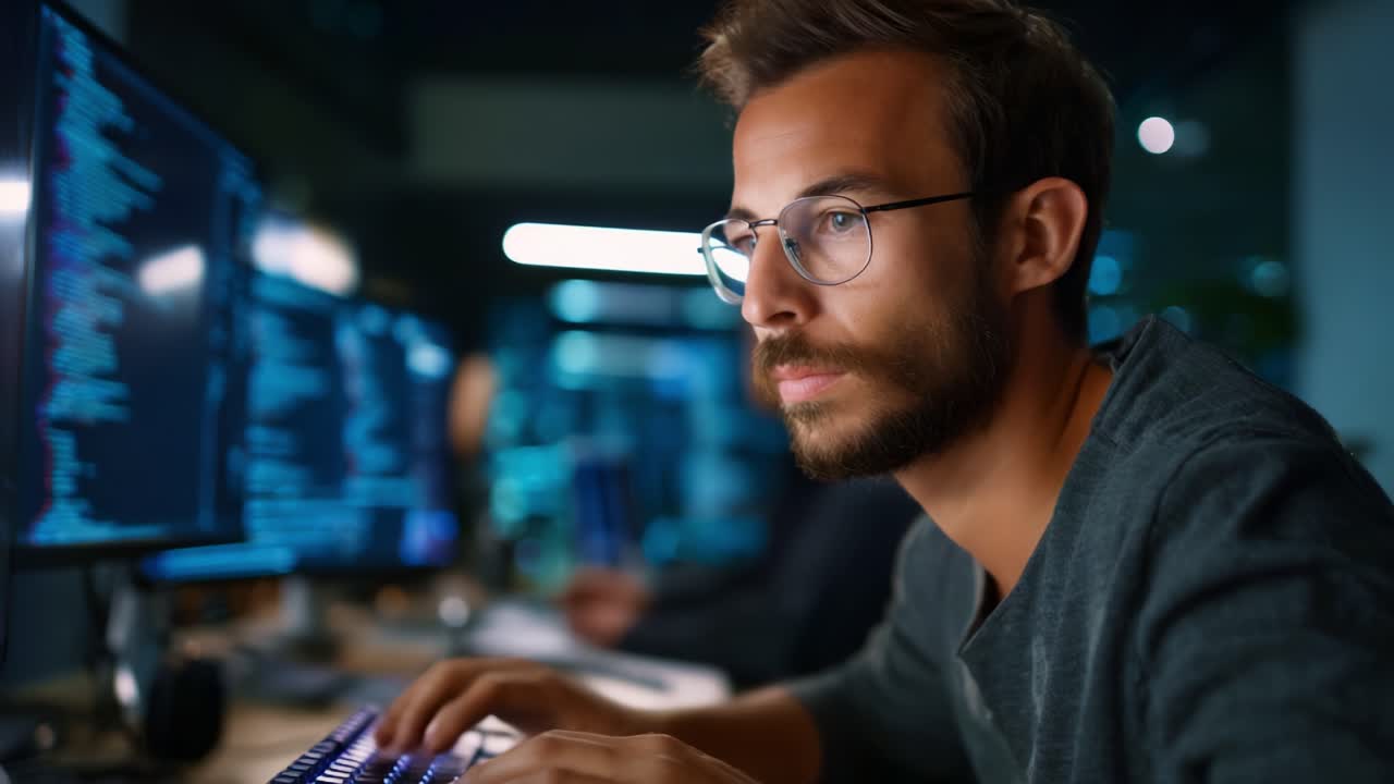 Focused Programmer Working Intensely on Code with Multiple Monitors, Highlighting the World of Software Development and Technical Problem Solving Environments