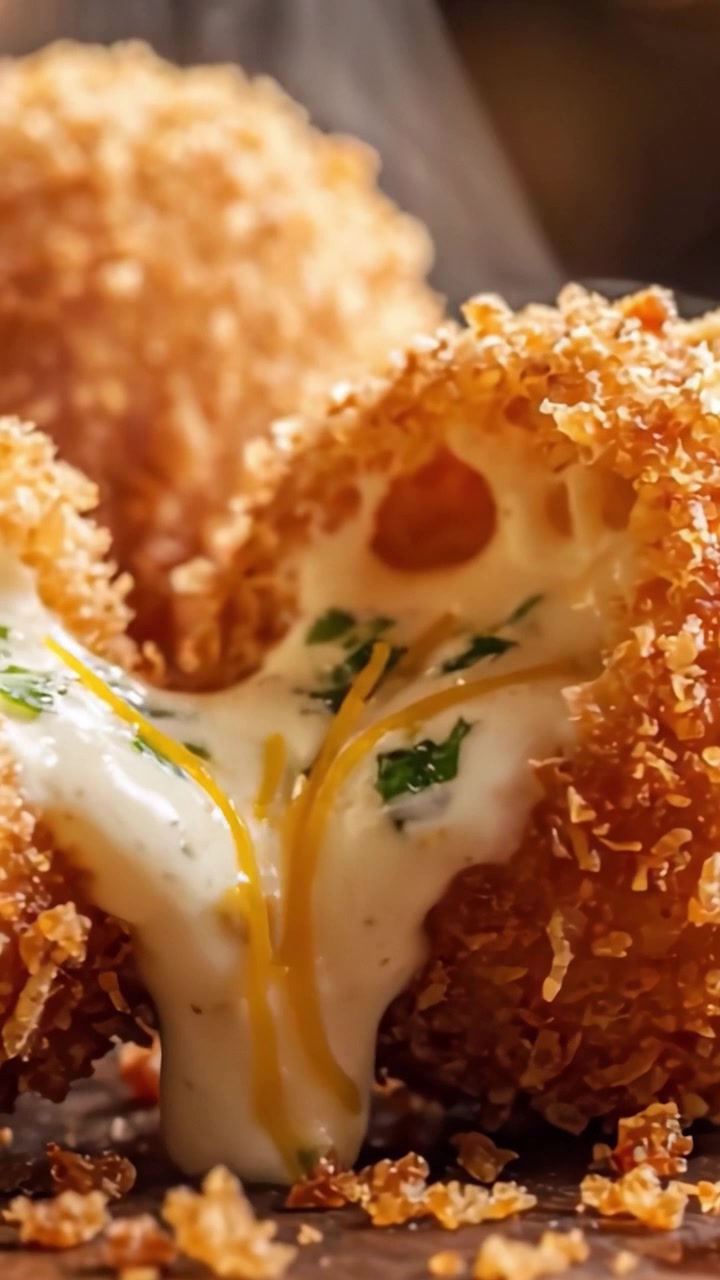Deliciously Crispy and Cheesy Fried Delights: A Close-Up of Golden-Brown Treats with Creamy Filling and Fresh Herbs Capturing Mouthwatering Flavor