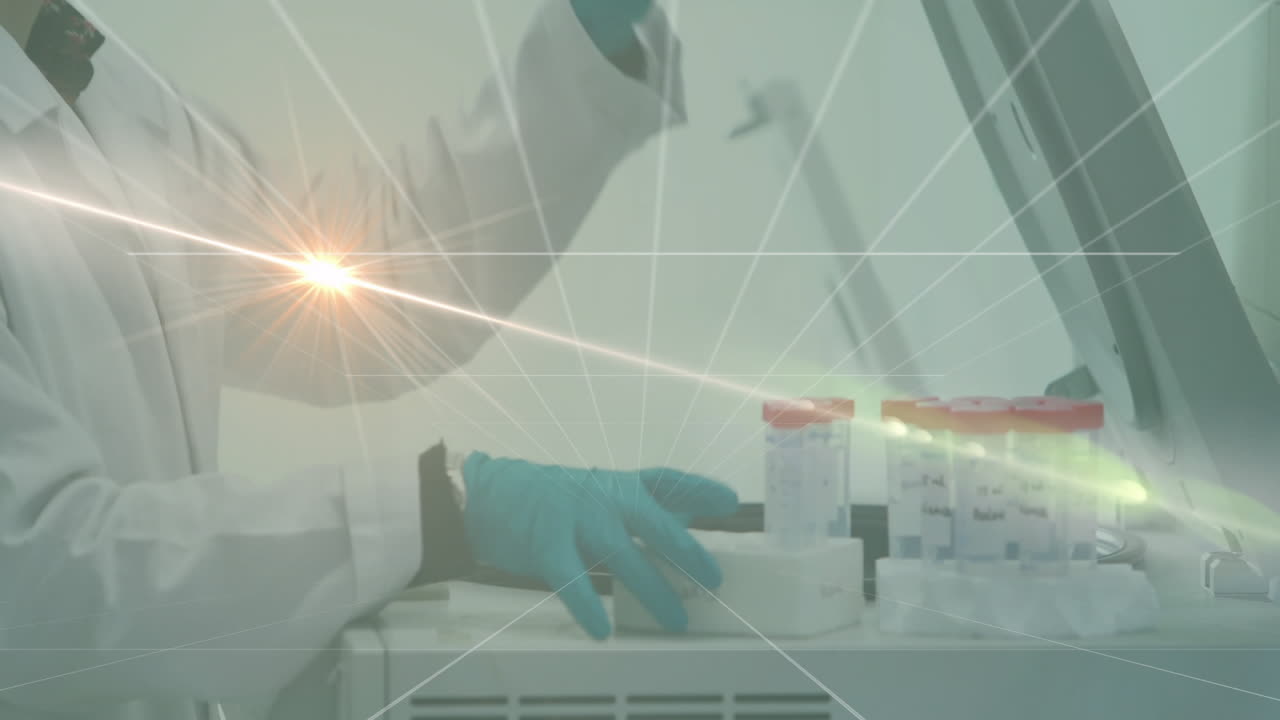 Scientist handling test tubes in laboratory with data processing animation overlay